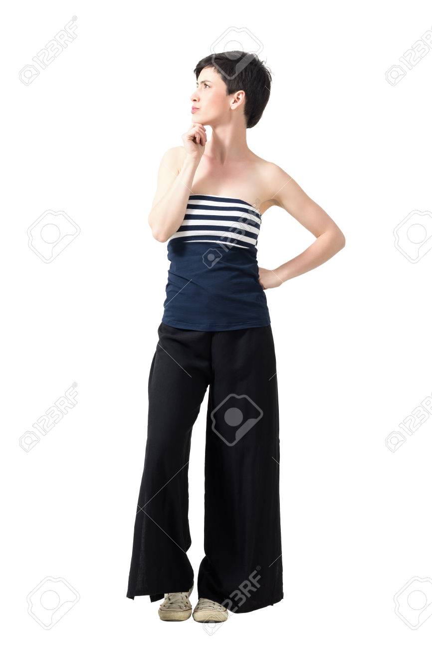 Profile View Of Young Short Hair Pretty Woman Thinking And Looking