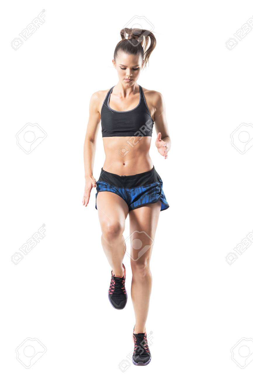 Front View Action Motion Of Athletic Female Sprinter Running And Looking  Down. Full Body Length Portrait Isolated On White Studio Background. Stock  Photo, Picture and Royalty Free Image. Image 86944480.