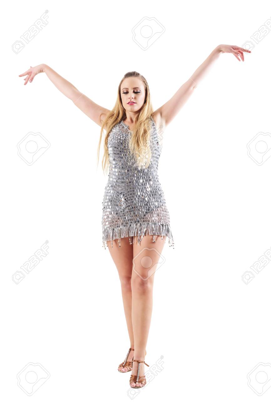 graceful blonde female dancer with raised outstretched arms