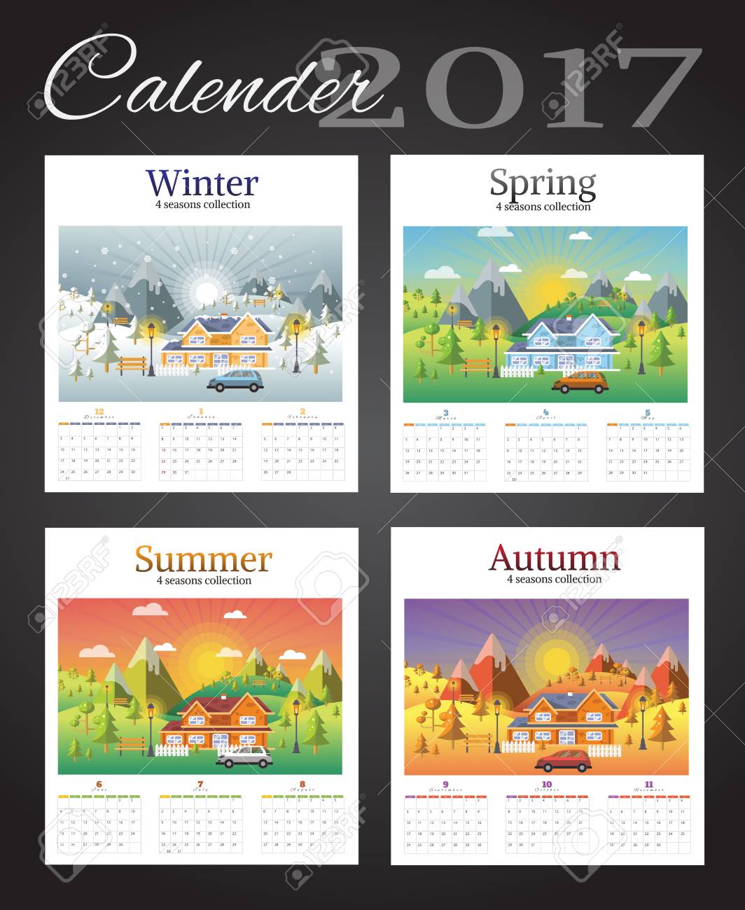 Calender 2017 On Landscape Seasons Set With Winter, Spring, Summer, Autumn.  Royalty Free SVG, Cliparts, Vectors, and Stock Illustration. Image 67974819., image size:1064x1300