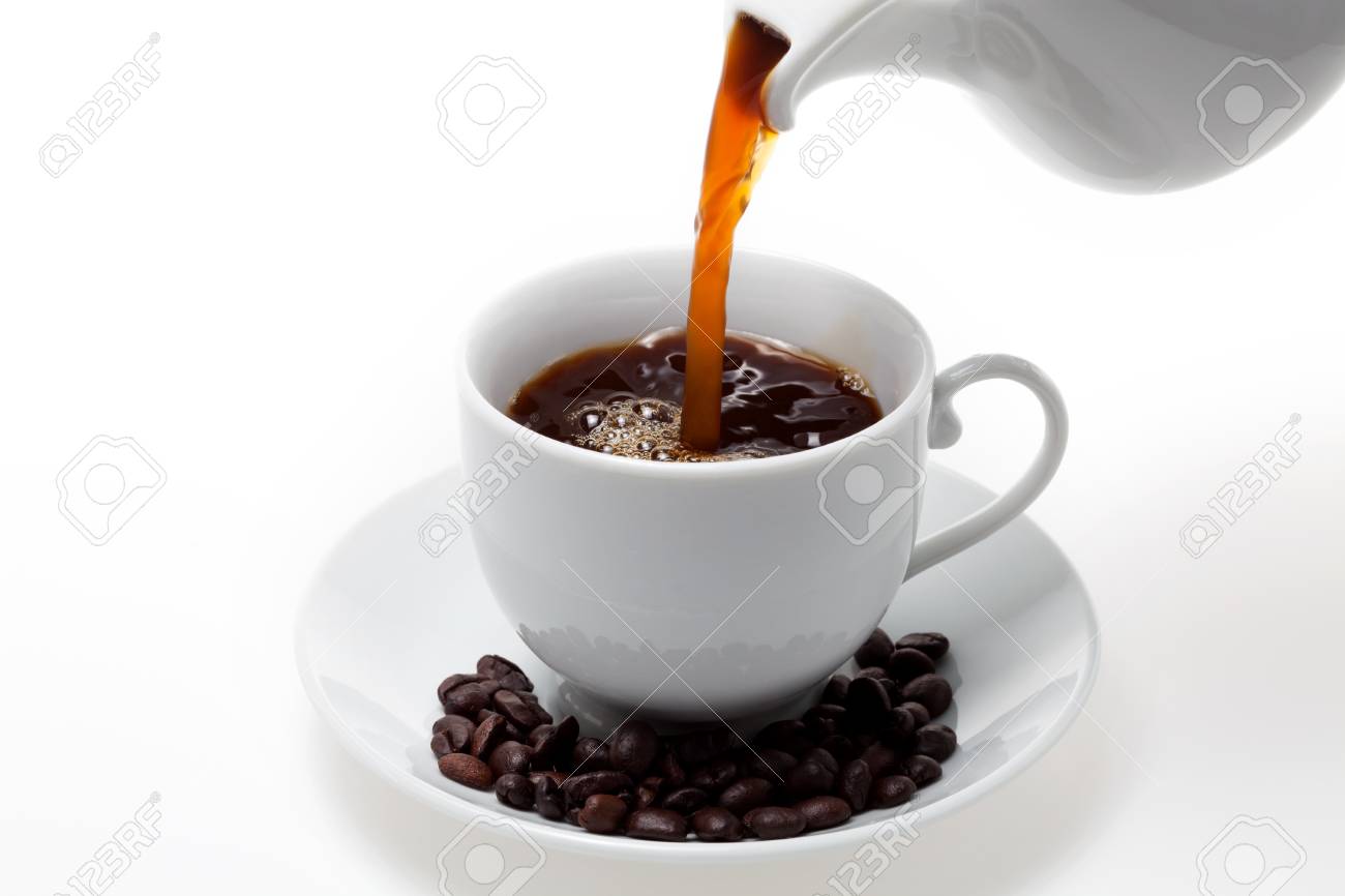 Pouring Coffee Into White Cup And Beans On Background Stock Photo Pouring Coffee Into White Cup And Beans On Background Stock Photo