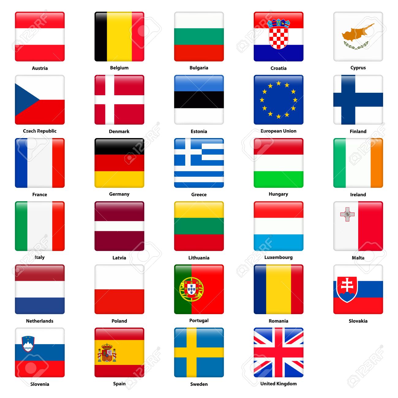 Tous Les Drapeaux Des Pays De L Union Europeenne Style Carre Brillant Clip Art Libres De Droits Vecteurs Et Illustration Image 68283348