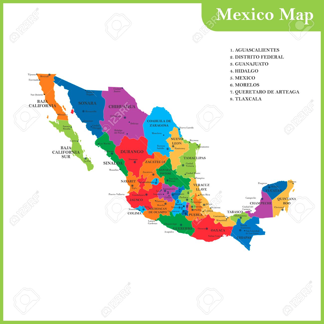 Mapa De Mexico Con Estados Y Ciudades El Mapa Detallado Del México Con Regiones O Estados Y Ciudades, Capitales  Ilustraciones Svg, Vectoriales, Clip Art Vectorizado Libre De Derechos.  Image 74784660.