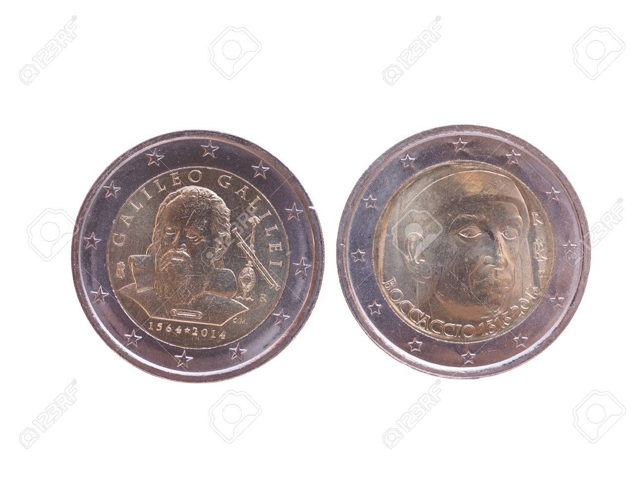 ジョヴァンニ ・ ボッカッチョ (イタリア 2013) とガリレオ ・ ガリレイ (イタリア 2014 年) の肖像画をベアリングで欧州連合の記念 2  ユーロ コイン通貨の写真素材・画像素材 Image 52482539