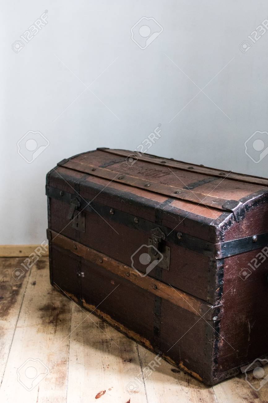 Dark Wood Trunk In A Country House Antique Treasure Chest With