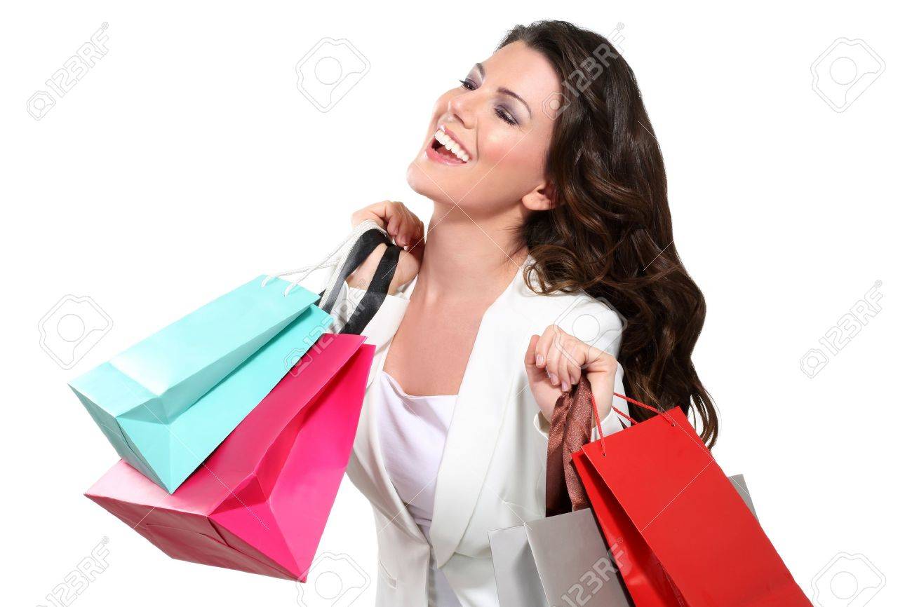 Young beautiful woman with shopping bag on white - 17643904 Young beautiful woman with shopping bag on white - 17643904