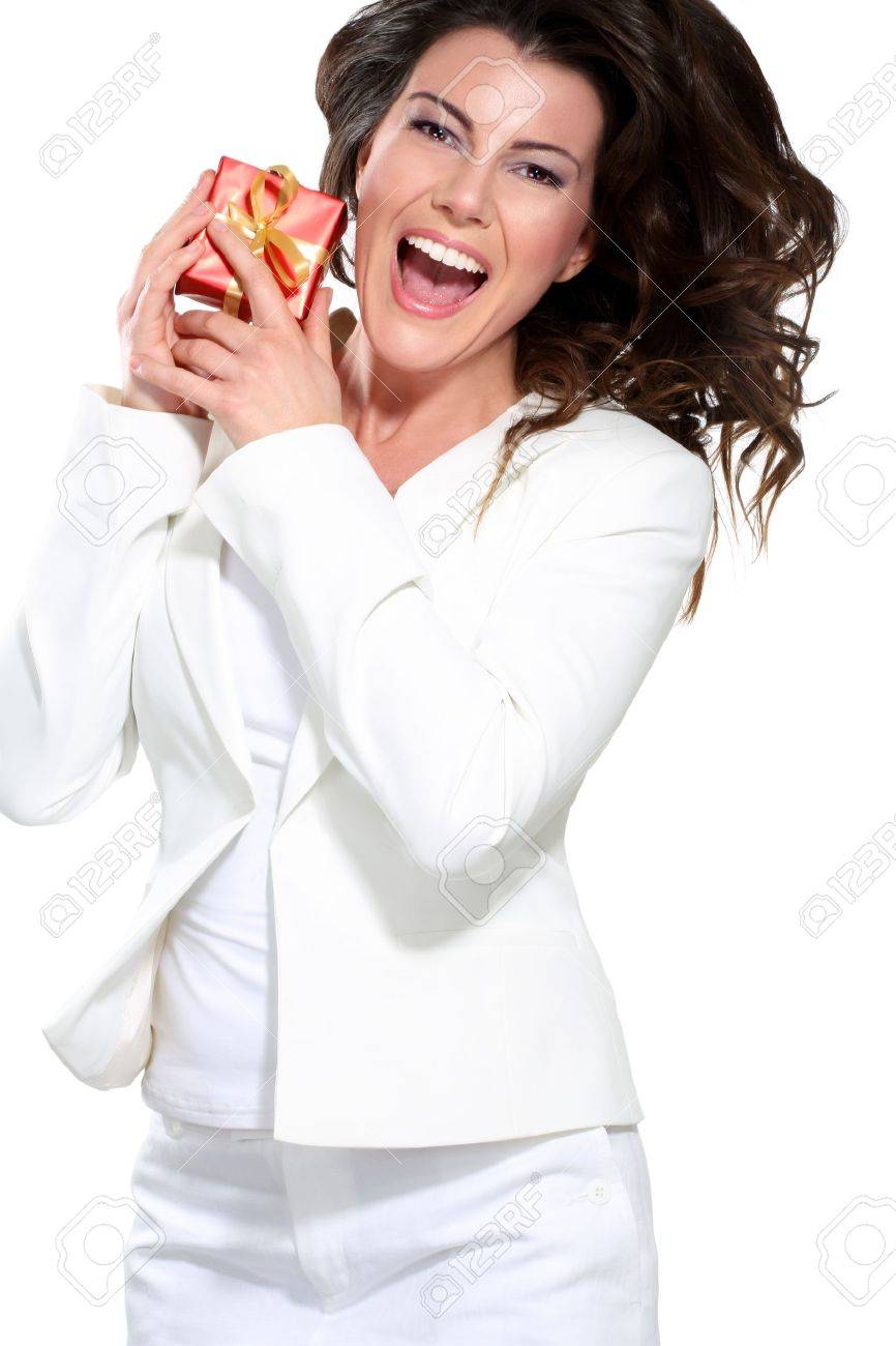 Young beautiful woman with a gift on white - 17643906 Young beautiful woman with a gift on white - 17643906