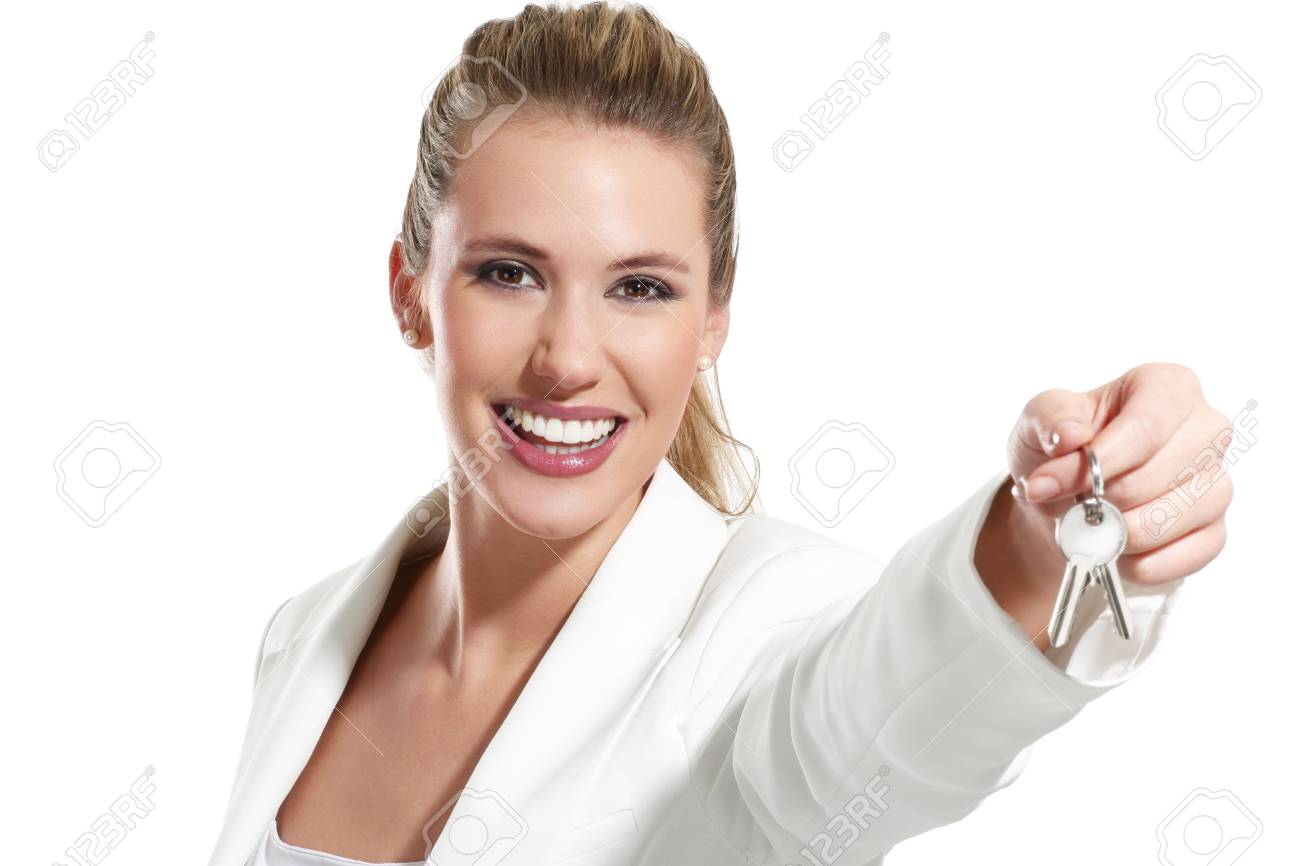 business woman with keys of an apartment on white - 18498601 business woman with keys of an apartment on white - 18498601
