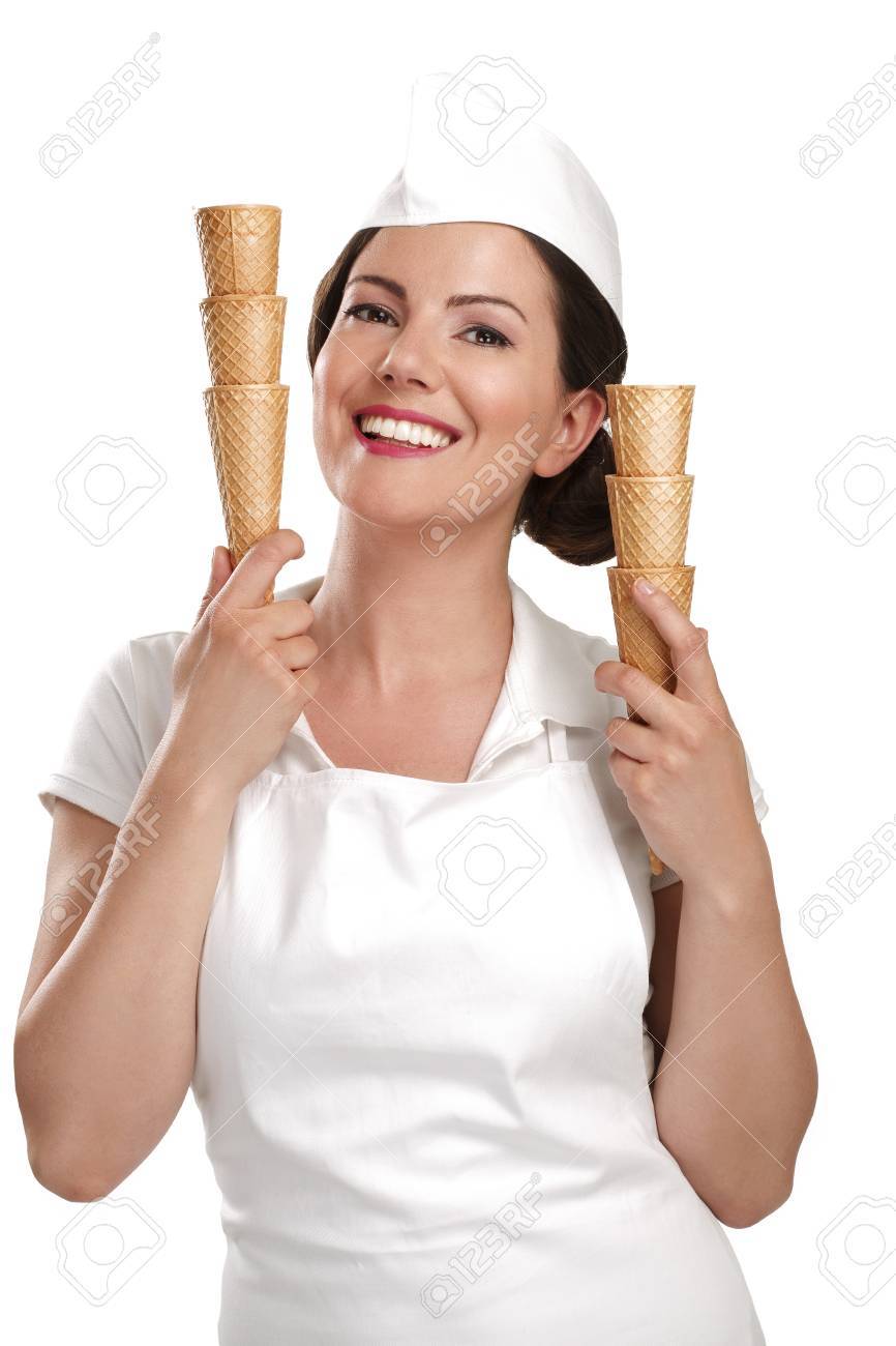pretty smiling young woman ice cream vendor on white - 20888775 pretty smiling young woman ice cream vendor on white - 20888775