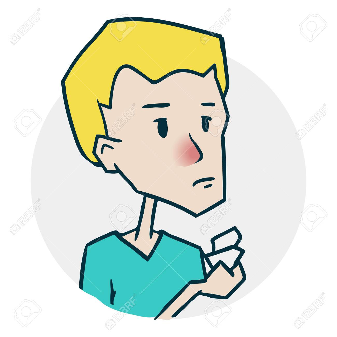 少年は 鼻水とハンカチを手に持って 診療科目のアイコン 面白い漫画スタイルのイラストのイラスト素材 ベクタ Image