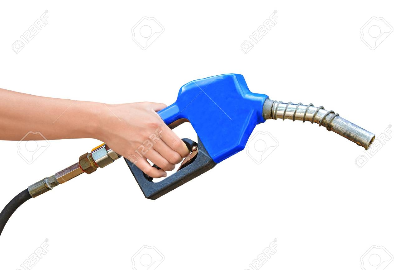Hand Holding Gas Pump Isolated On White 