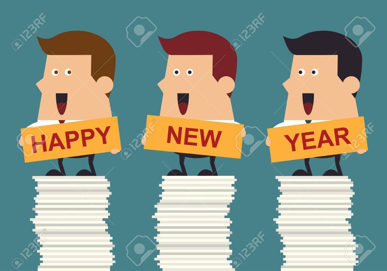 新年あけましておめでとうございますテキスト書類 ビジネス概念の巨大なスタックに保持している幸せなビジネスマンのイラスト素材 ベクタ Image