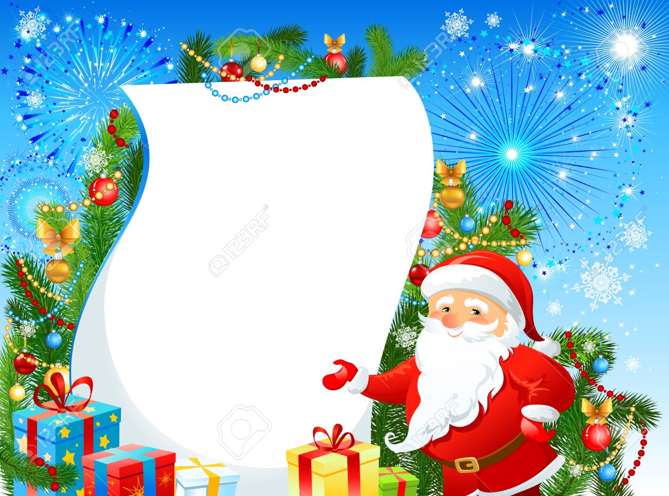 Festive Christmas Background With Santa Claus And Fir Tree. Space For Text  Royalty Free SVG, Cliparts, Vectors, And Stock Illustration. Image 11654899.