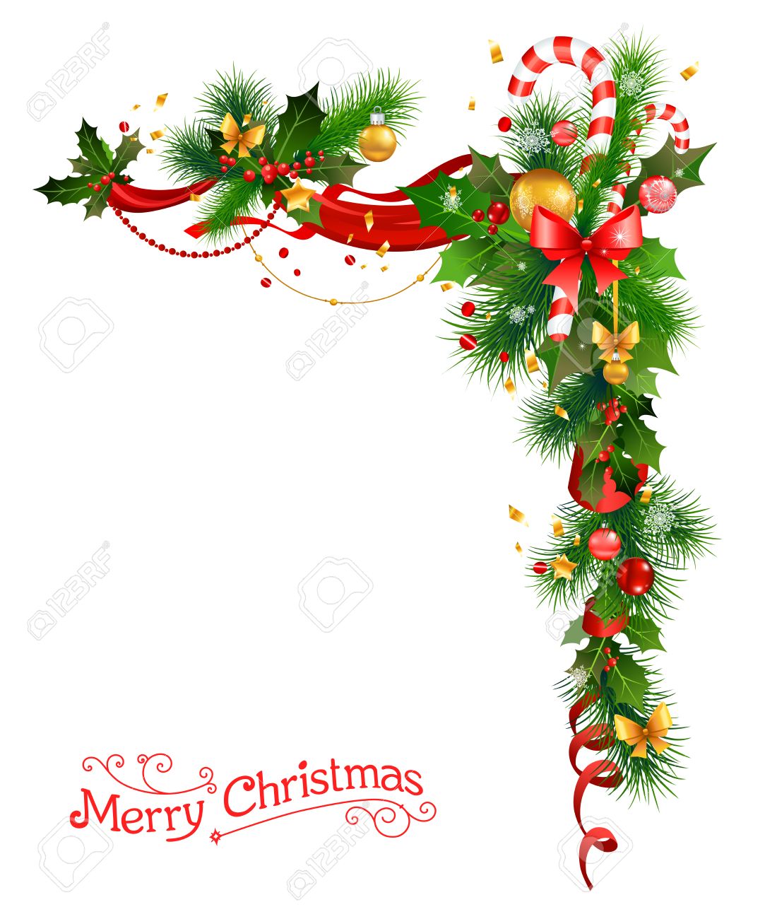 Decoraciones Para Las Fiestas Con árboles De Navidad, El Acebo Y De Cane.festive Tarjeta De Diseño, Bandera, Boleto, Folleto Y Así Sucesivamente. Ilustraciones Svg, Vectoriales, Clip Art Vectorizado Libre