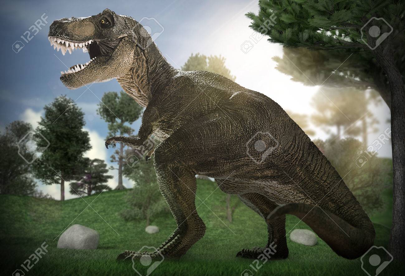 巨大な恐竜のシーンは公園を破壊します の写真素材 画像素材 Image