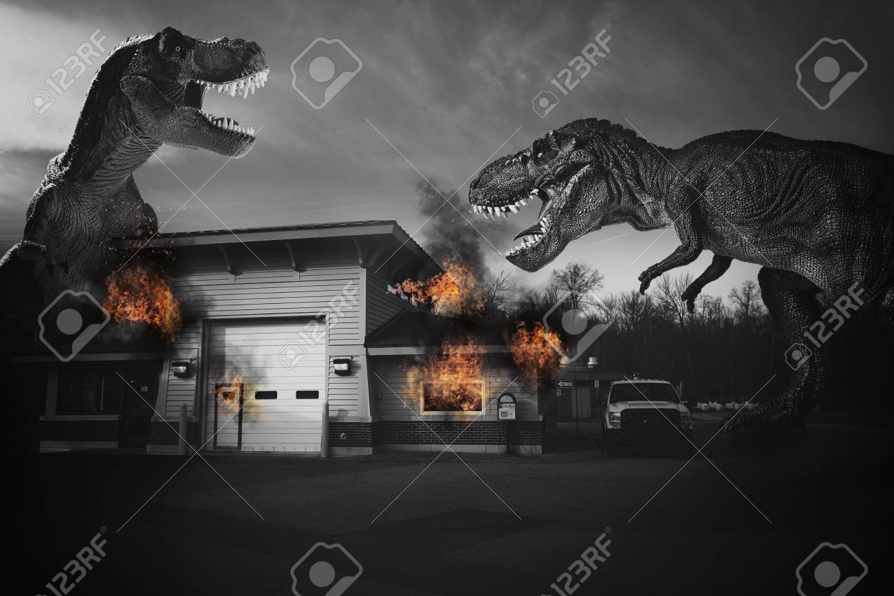 巨大な恐竜のシーンは 都市を破壊します の写真素材 画像素材 Image