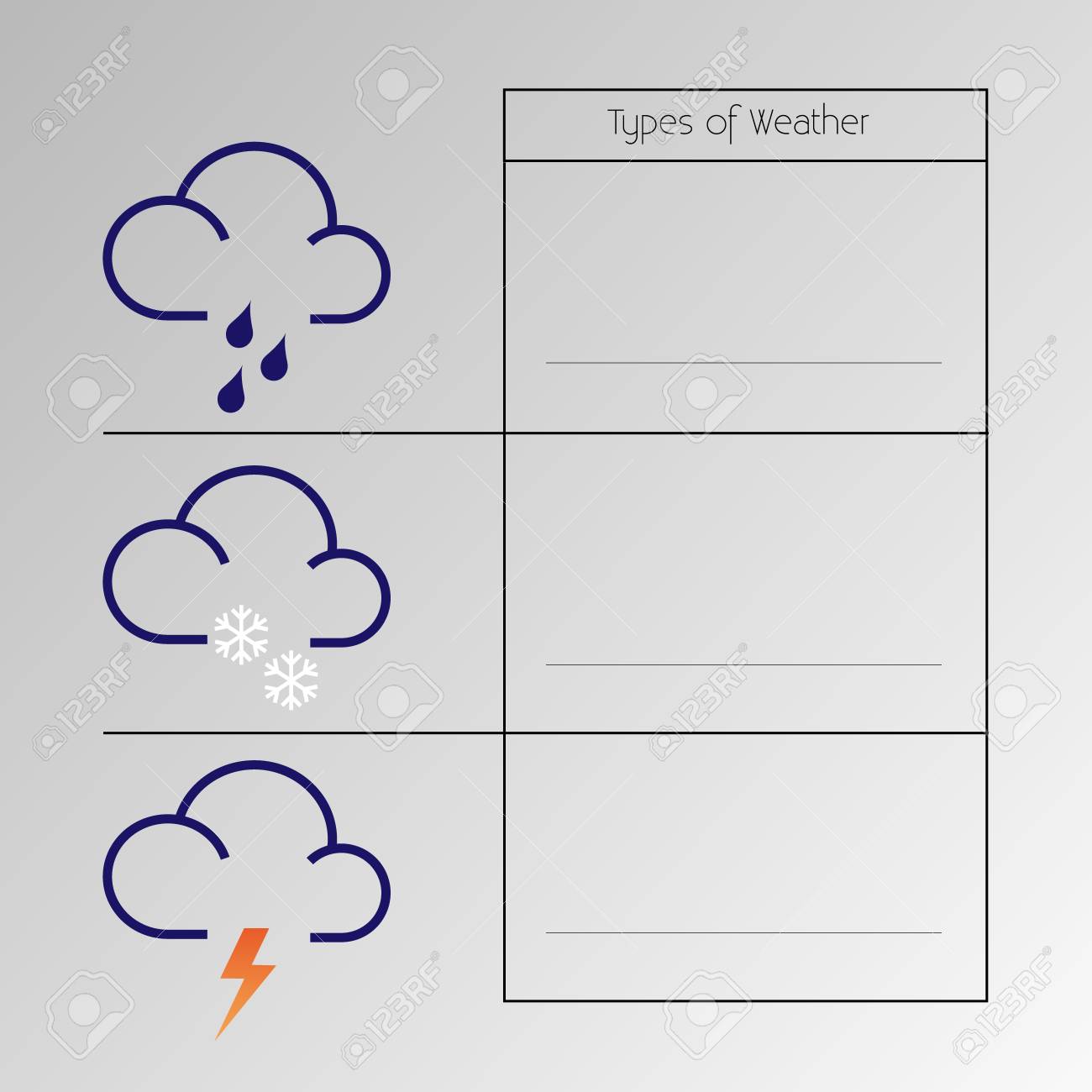 学校のコースの本に向いている天候の種類 雲の種類 アイコンとシンボル間の天気予報します のイラスト素材 ベクタ Image