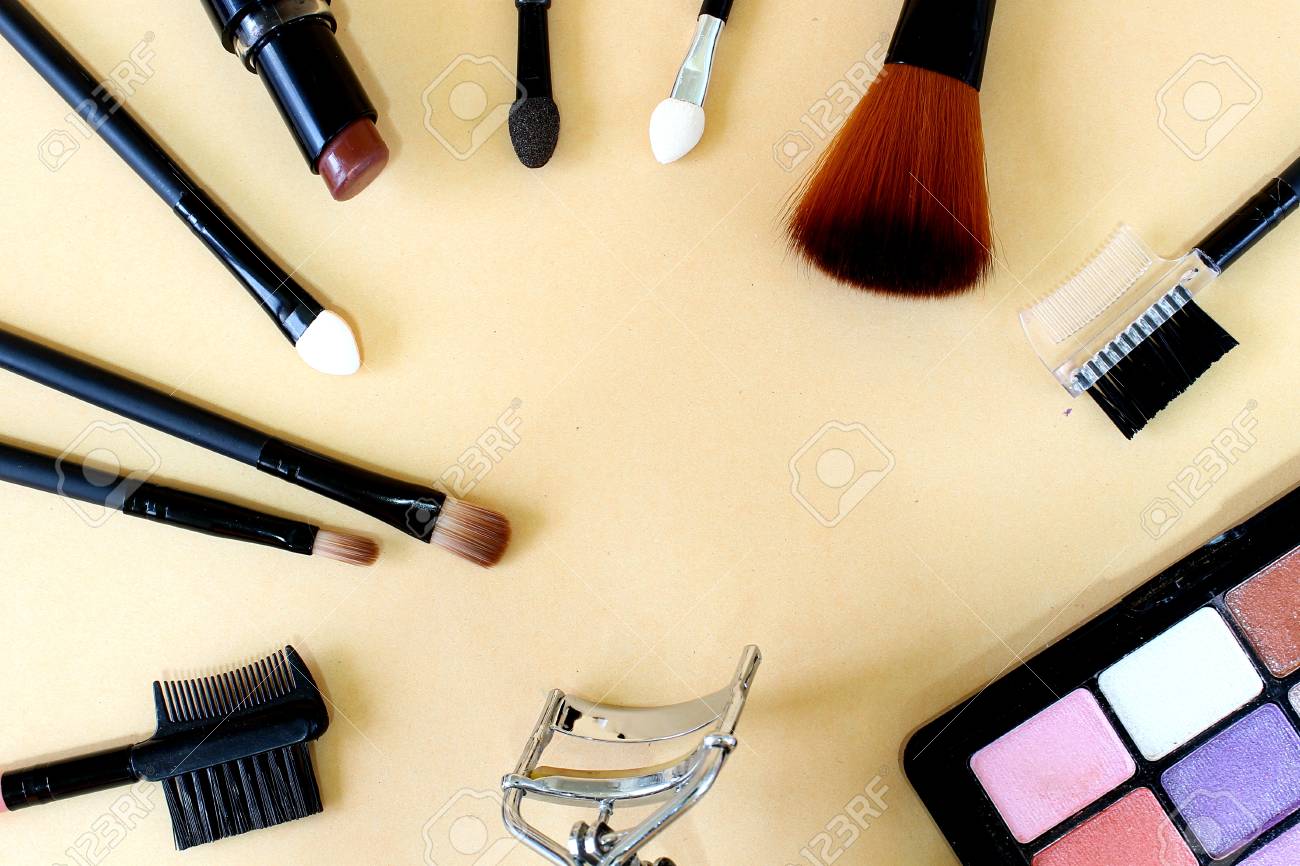 cosmetic for make up eye shadow box brown brush stock photo picture