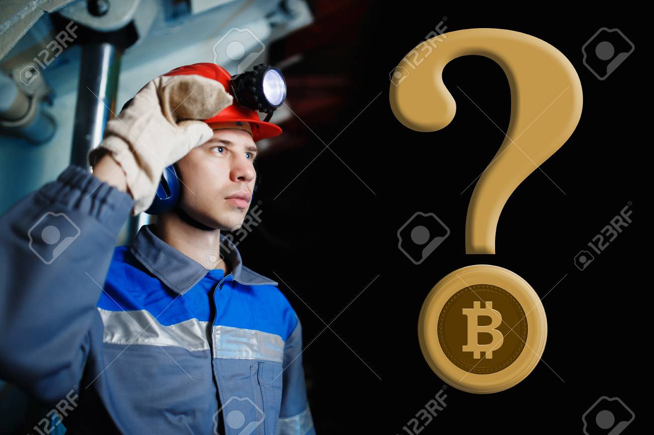 Male Miner On A Dark Background In A Mine With A Question Mark And Bitcoin.  The Concept Of Extraction Of Crypto Currency, Digging, Mining. Copyspace  Stock Photo, Picture and Royalty Free Image.