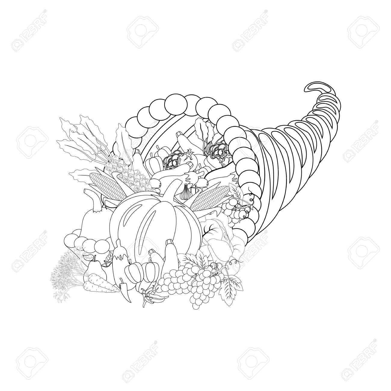 horn of planty harvest coloring page on the white background harvest coloring page