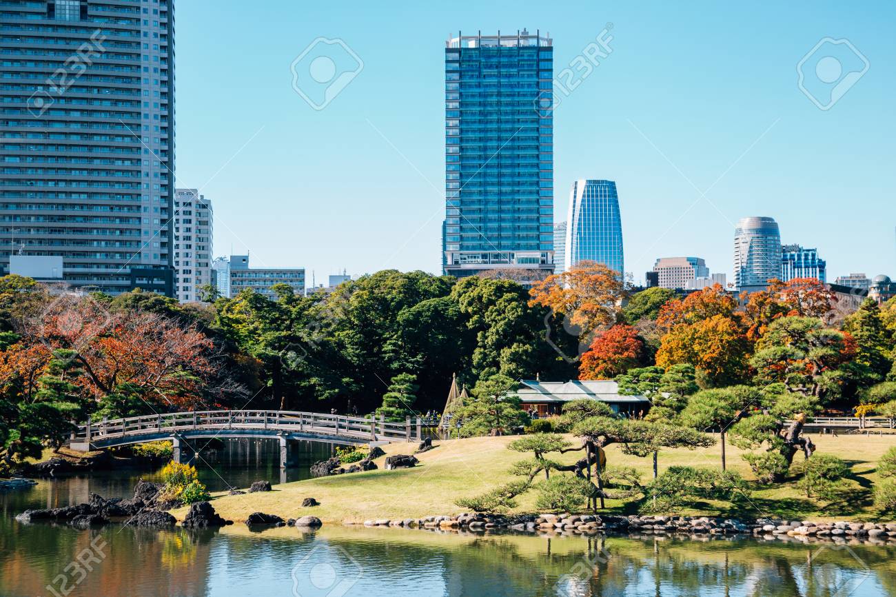 Hamarikyu Gardens And Modern Buildings At Autumn In Tokyo Japan Stock Photo Picture And Royalty Free Image Image