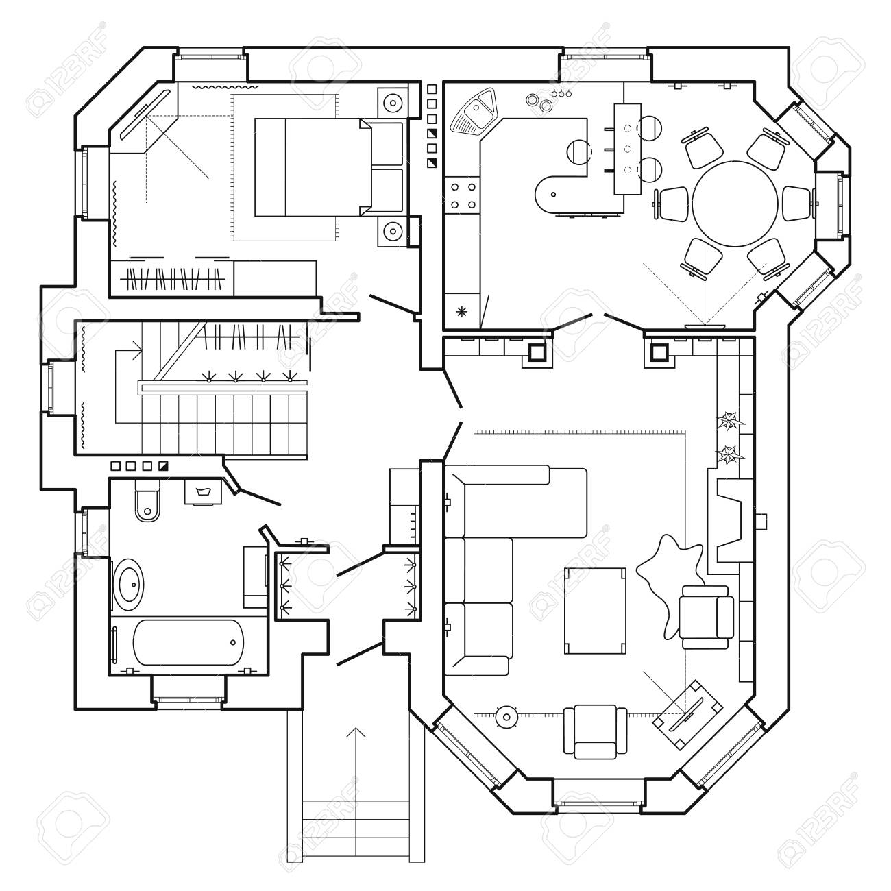 Black And White Architectural Plan Of A House Layout Of The