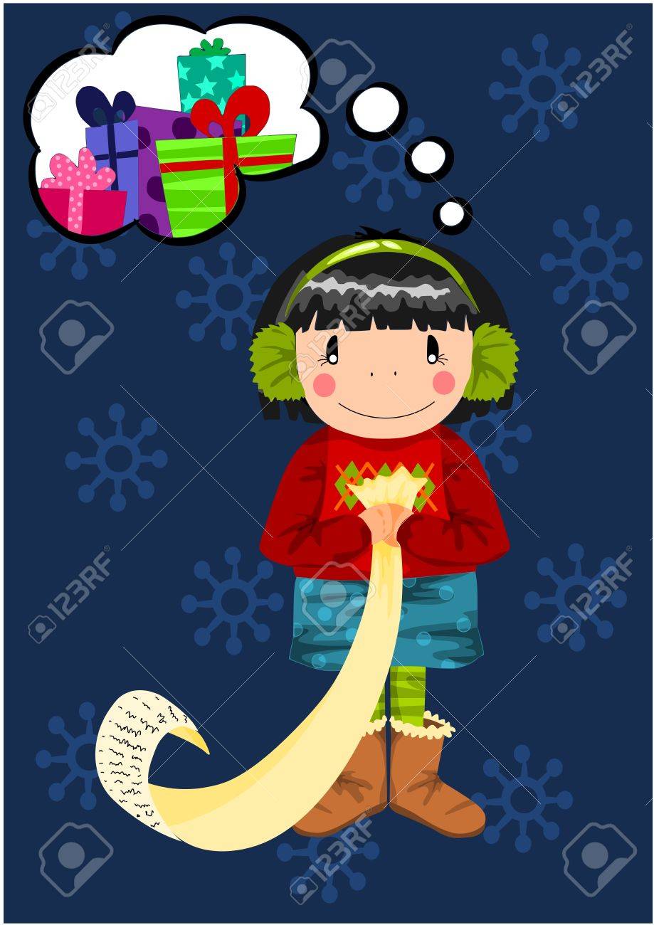クリスマス プレゼントを夢見ている若い女の子のイラスト素材 ベクタ Image