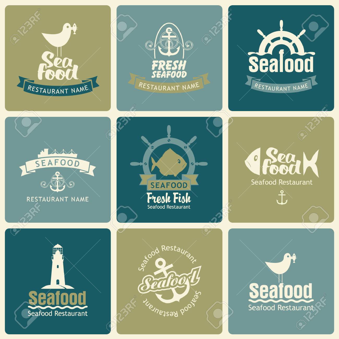Set Of Logos On The Theme Seafood In Retro Style Stock Vector Set Of Logos On The Theme Seafood In Retro Style Stock Vector