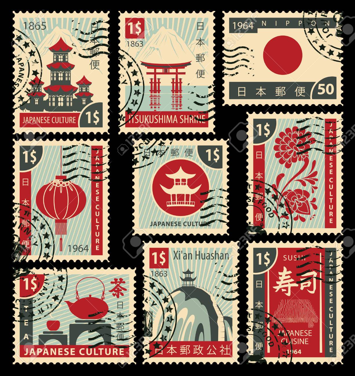 set of postage stamps on the theme of Japanese culture. Hieroglyph Japan Post, Sushi, Tea - 54006654 set of postage stamps on the theme of Japanese culture. Hieroglyph Japan Post, Sushi, Tea - 54006654