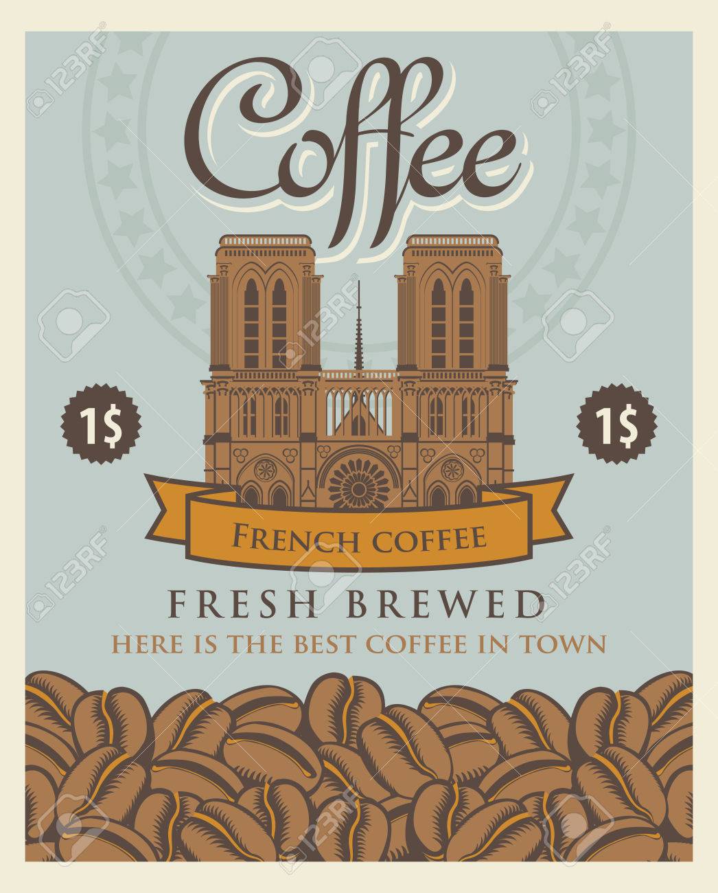 碑文のフランス語のコーヒーとコーヒー豆とノートルダム ド パリ ベクター バナーのイラスト素材 ベクタ Image