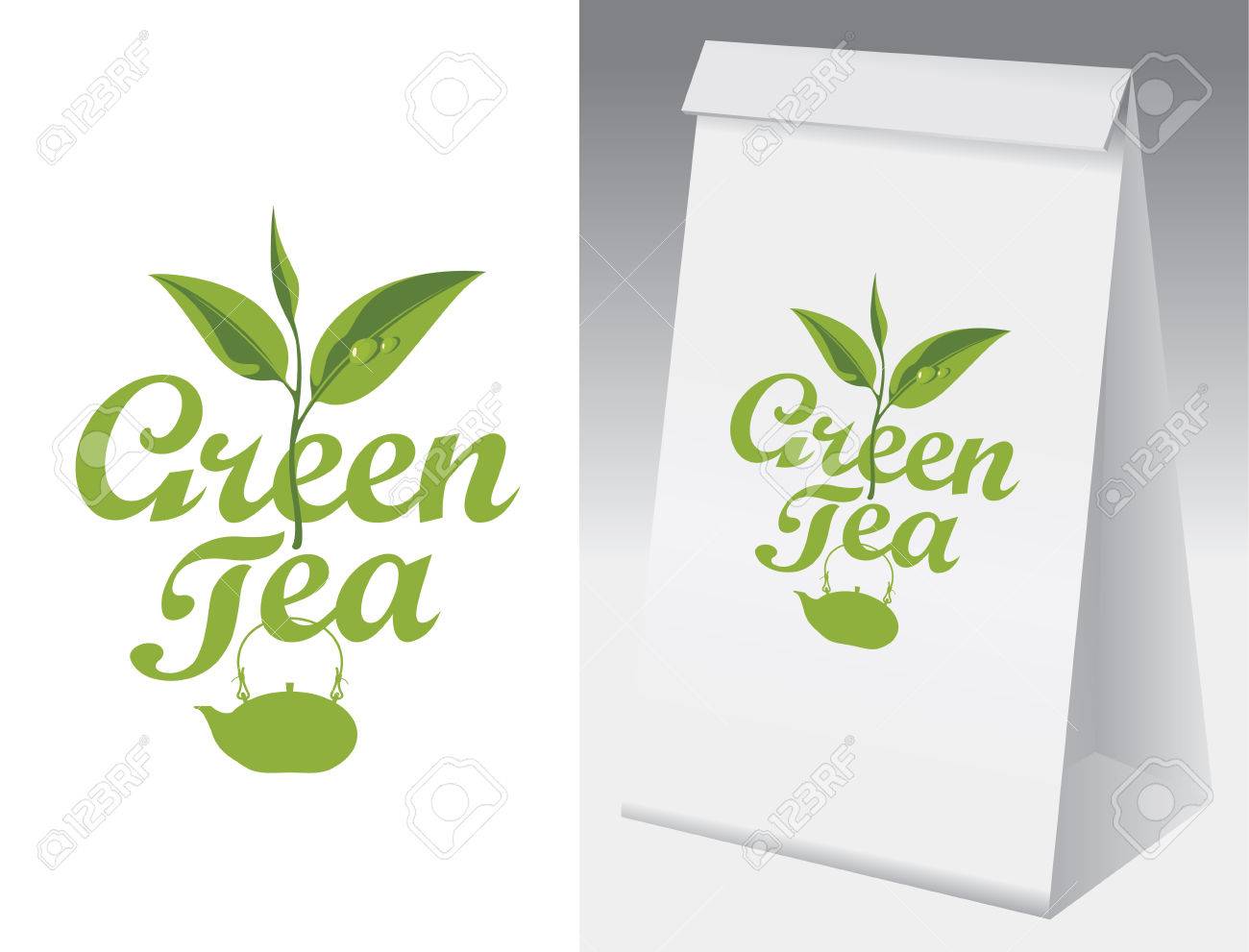 緑茶のラベルと包装を紙します このラベルに緑茶葉のお茶と紙の 3 D パッケージで支店のベクトル ラベルです のイラスト素材 ベクタ Image