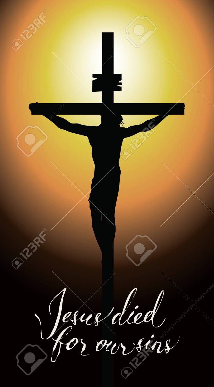 Vektor Banner Fur Ostern Oder Karfreitag Mit Handschriftlichen Inschriften Jesus Starb Fur Unsere Sunden Illustration Auf Religiosem Thema Mit Einem Schattenbild Eines Kreuzes Mit Gekreuzigtem Jesus Christ Im Sonnenuntergang Lizenzfrei Nutzbare