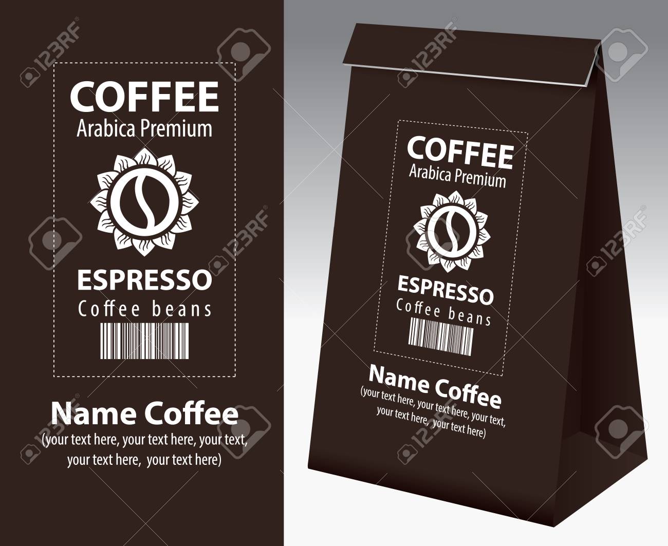 Paper Packaging With Label For Coffee Beans Vector Bean In Paper Packaging With Label For Coffee Beans Vector Bean In