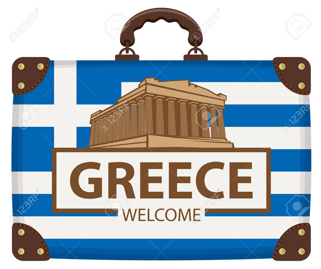 Vector travel banner with suitcase in colors of greek flag with the Acropolis and inscription Greece welcome - 104204885 Vector travel banner with suitcase in colors of greek flag with the Acropolis and inscription Greece welcome - 104204885