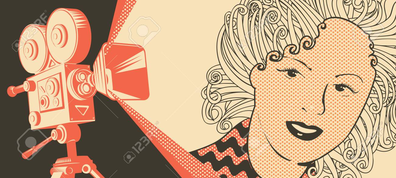 Vector banner on the theme of movie and cinema with old film projector and girl's face in retro style. Can be used for flyer, poster, ticket, web page, background - 112950546 Vector banner on the theme of movie and cinema with old film projector and girl's face in retro style. Can be used for flyer, poster, ticket, web page, background - 112950546