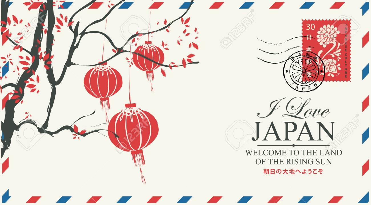 Vector Postal Envelope With Red Paper Lanterns On A Tree In Japanese Royalty Free Cliparts Vectors And Stock Illustration Image