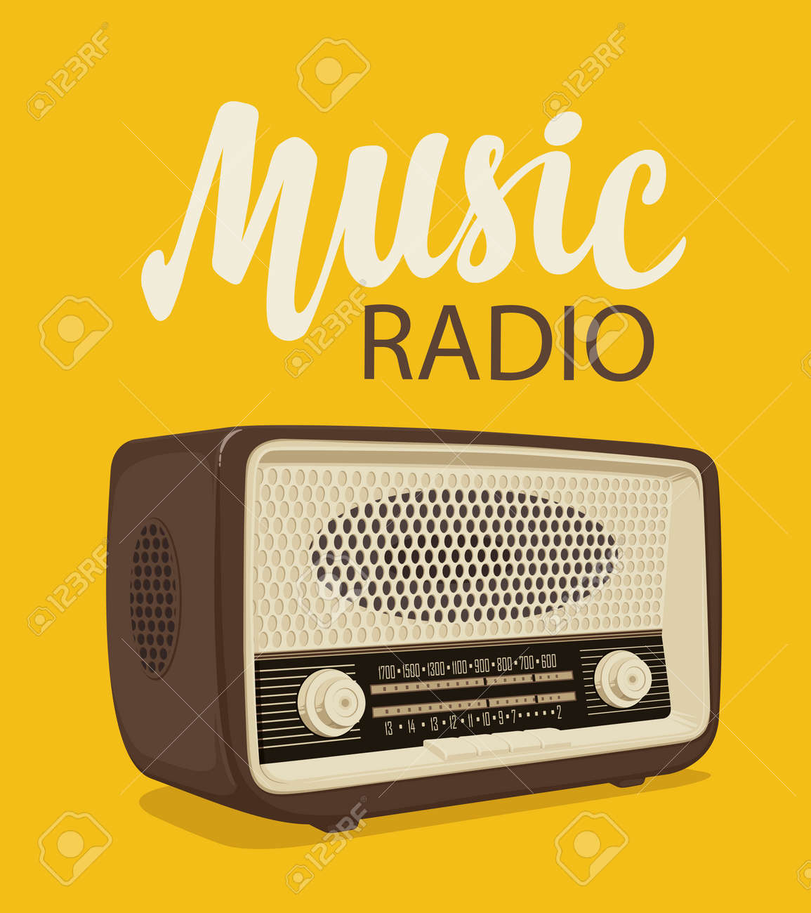 Vector Poster For Radio Station With An Old Radio Receiver And Inscription  Music Radio On The Yellow Background. Radio Broadcasting Banner. Suitable  For Advertising, Banner, Poster, Flyer Клипарты, SVG, векторы, и Набор