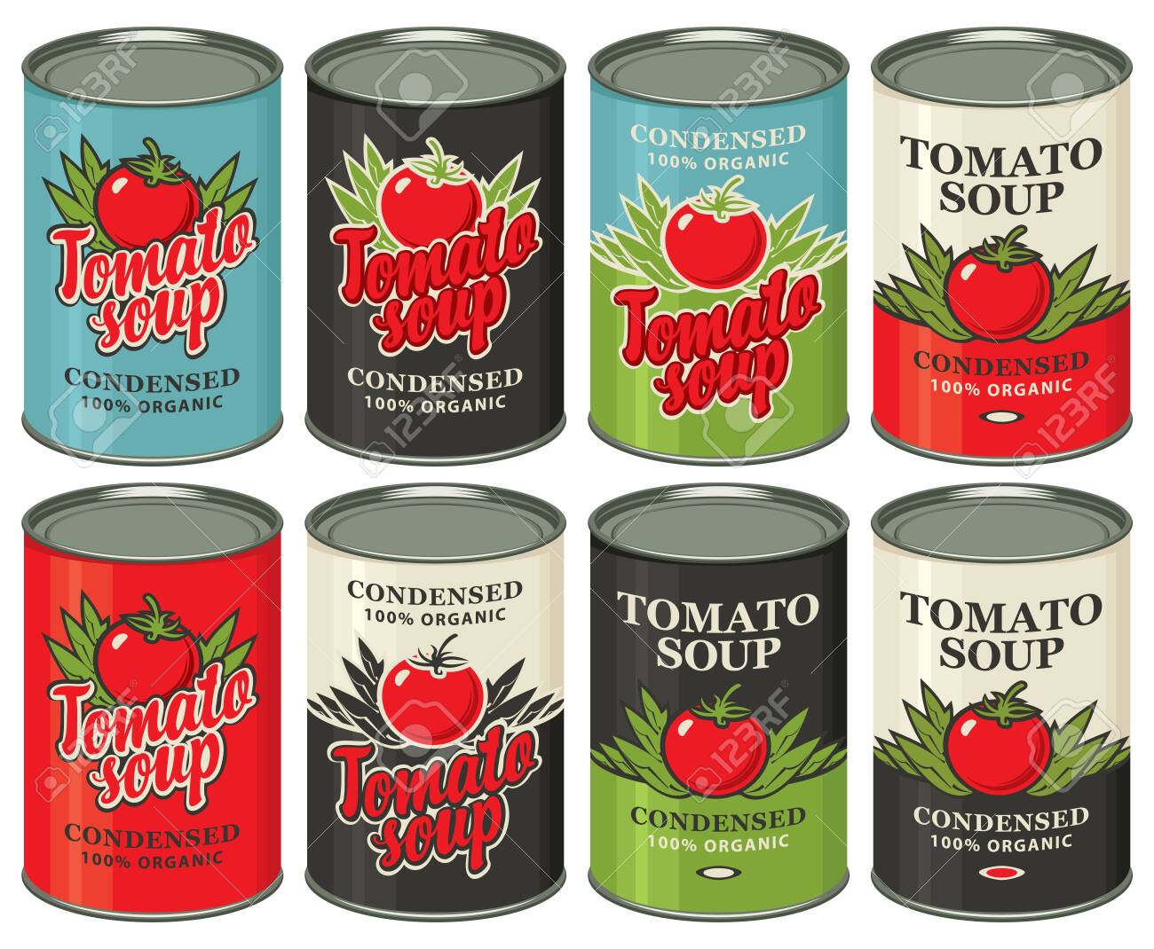 144401237 vector set of tin cans with various labels for condensed tomato soup samples of label design vector set of tin cans with various labels for condensed tomato