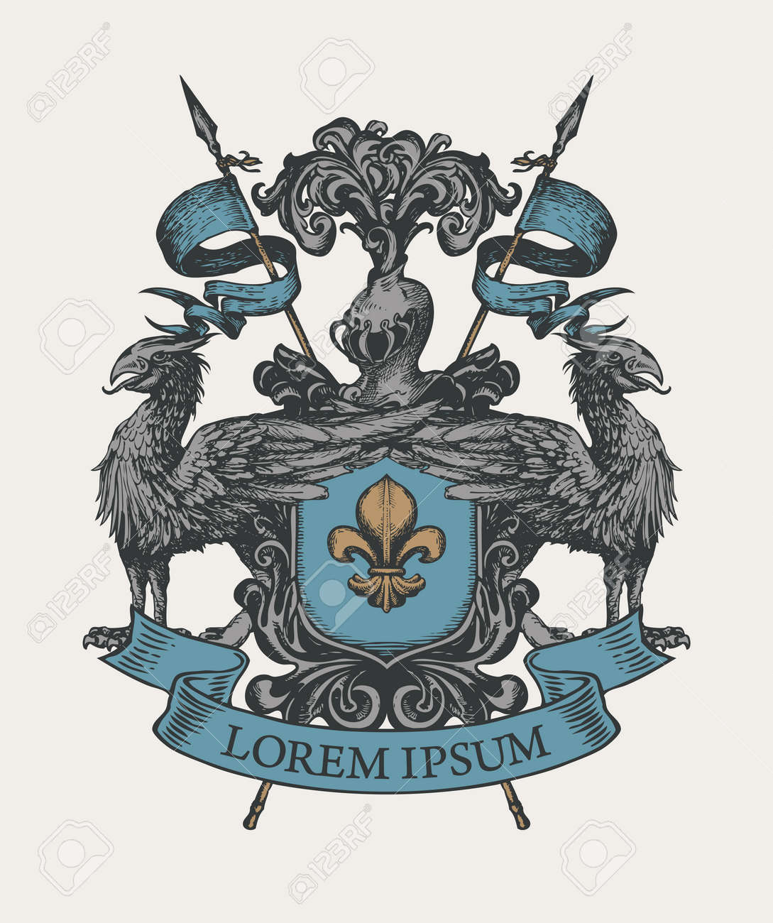 中世の紋章入りの紋章、盾、騎士の鎧、槍、兜、グリフィン、リボン、フルールドリス。ベクトル紋章、エンブレム、記号、シンボル。ヴィンテージスタイルの手描きカラー画像。のイラスト素材・ベクター  Image 159607273 Ebros ギフト 中世 英語 黒と白 十字軍 剣士 紋章の ..., image size:1089x1300