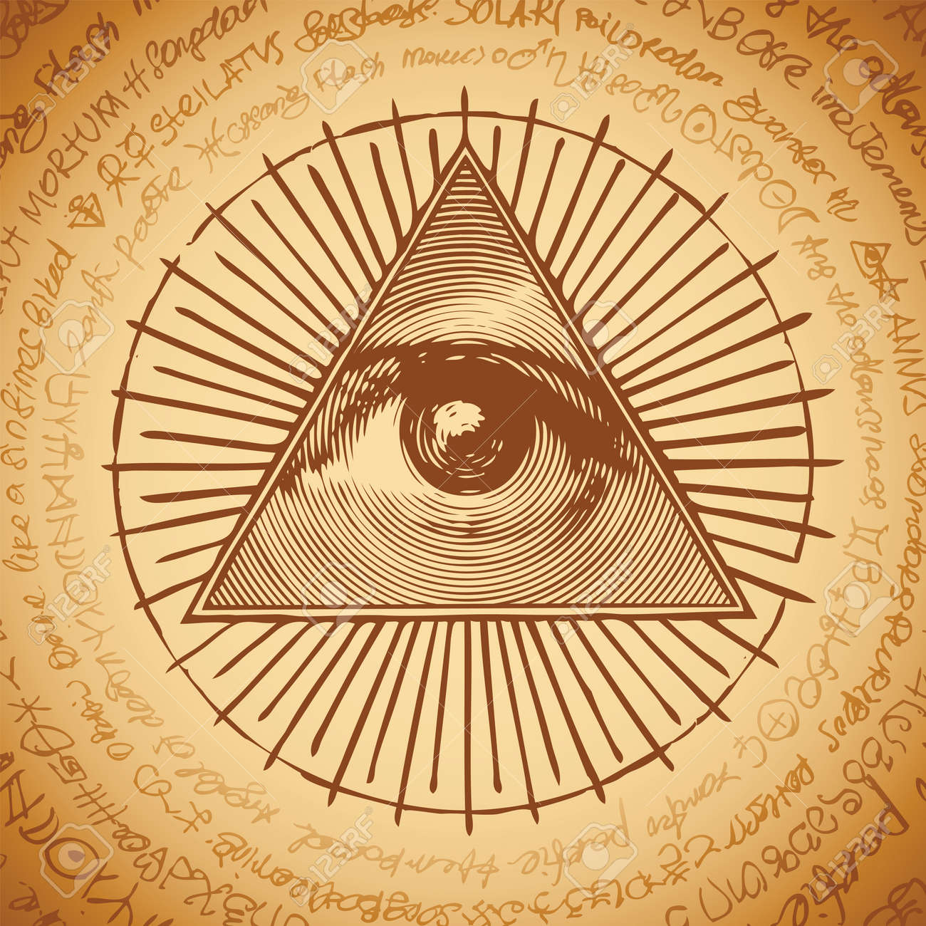 Vector Banner With The Masonic Symbol Of The All-seeing Eye Of God Inside  Triangle Pyramid. Ancient Mystical Sacral Illuminati Sign On A Beige  Background With Illegible Scribbles Written In A Circle Royalty, image size:1300x1300