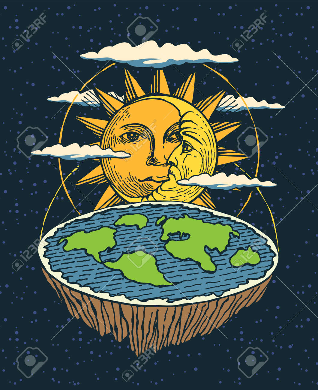 太陽と月と宇宙の平らな地球と手描きのバナー。惑星と太陽系の