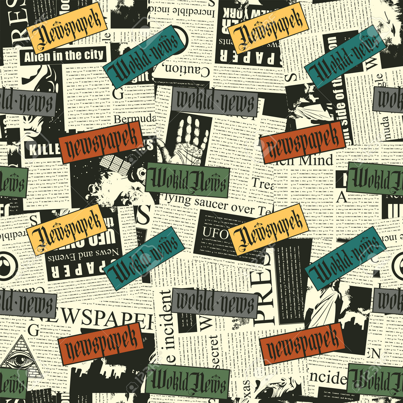 Seamless Pattern With A Collage Of Newspaper Clippings. Abstract Background  With Unreadable Text, Titles And Illustrations. Wallpaper, Wrapping Paper  Or Fabric Design In Retro Vintage Style Royalty Free SVG, Cliparts,  Vectors, and, image size:1300x1300
