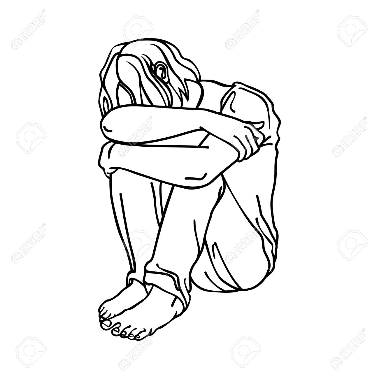 Sad Man Sitting With His Hands Around His Knees Vector Isolated