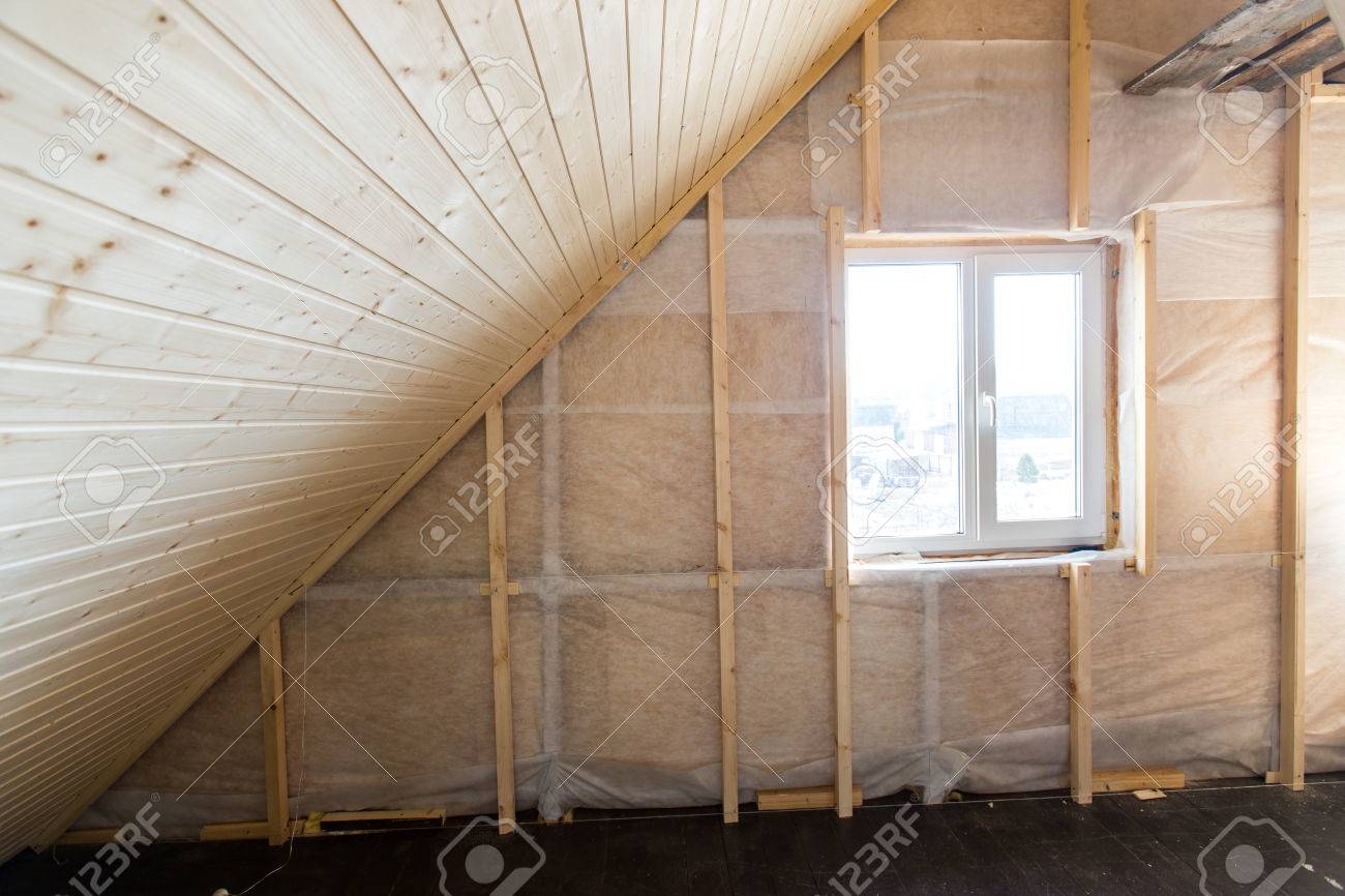 Heat Insulation And Wooden Logs Lathing Ready For Finishing Made