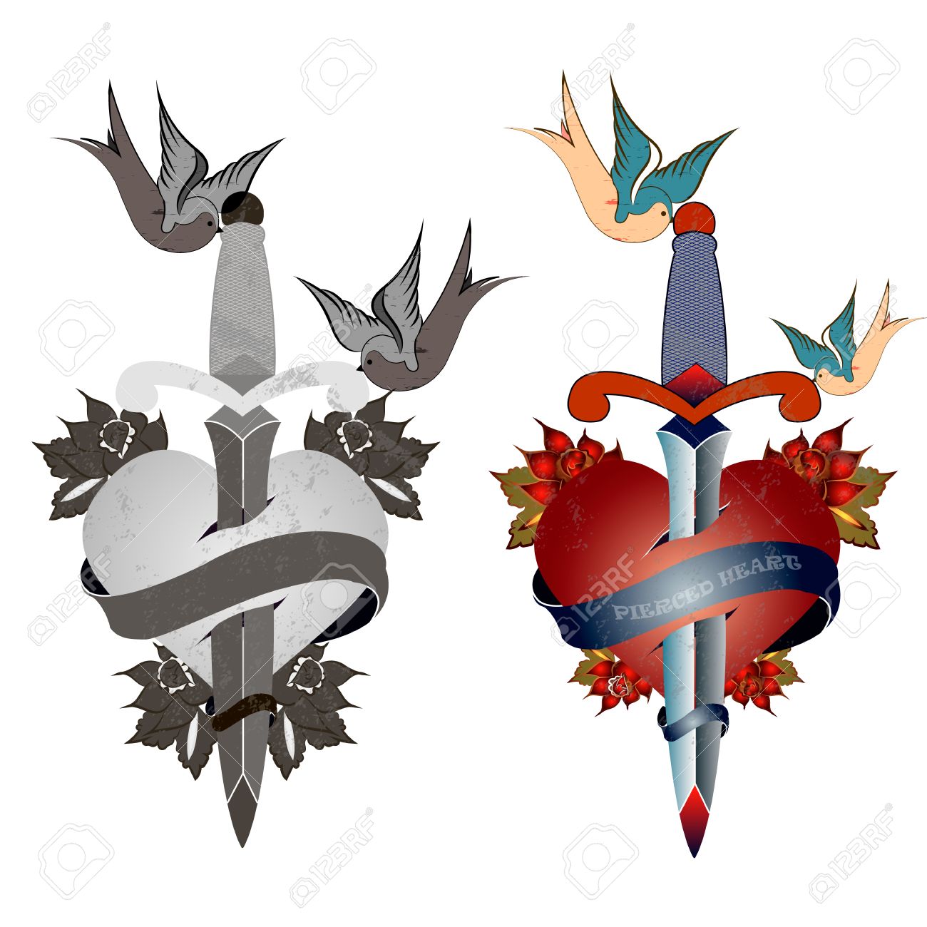 Stil Tattoo Alte Schule Grunge Herz Mit Einem Schwert Vogel Blumen Schwarz Weiss Und Farbe Durchbohrt Lizenzfrei Nutzbare Vektorgrafiken Clip Arts Illustrationen Image 43610304