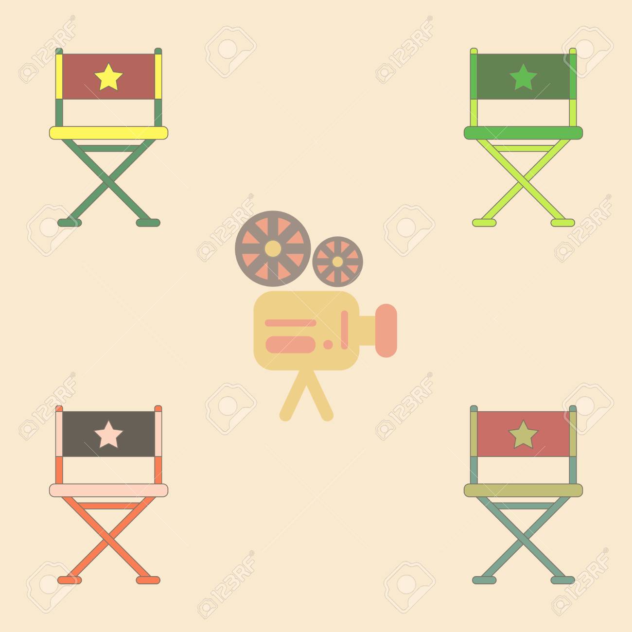 映画プロデューサー シート フラット スタイル映画監督椅子のベクトル イラスト コレクション のイラスト素材 ベクタ Image