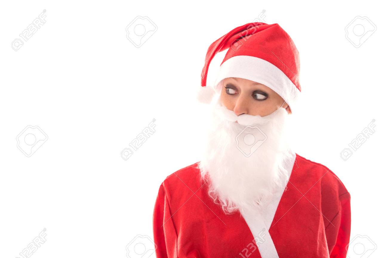 funny santa girl looking to copyspace isolated on white background