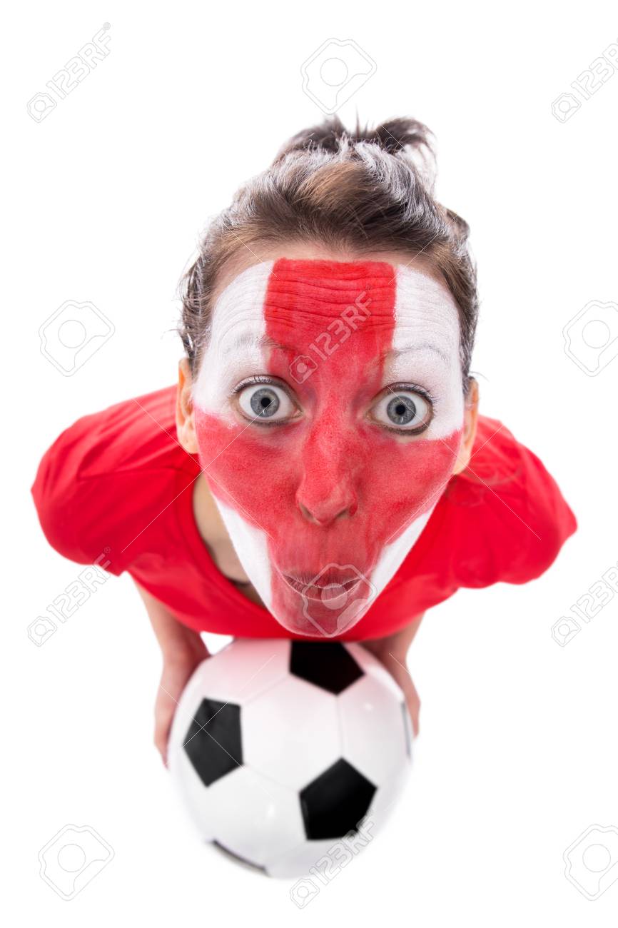 Immagini Stock Femminile Inglese Tifoso Di Calcio Verniciato Con Palla E Guardando Sorpreso Isolato Su Bianco Image 54532493