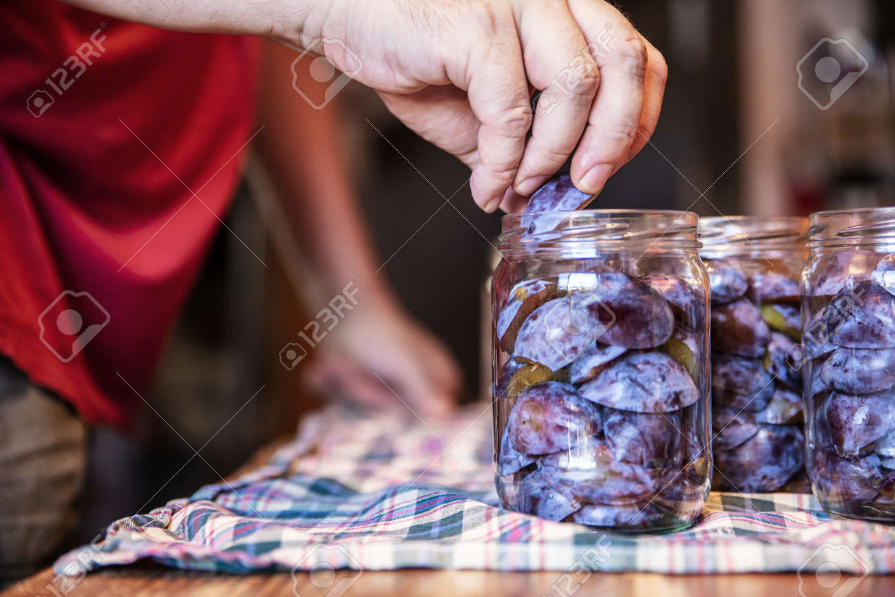 a man is filling glasses with plums, preparing for preserving the fruits, concept self supporter or gardening - 168974718 a man is filling glasses with plums, preparing for preserving the fruits, concept self supporter or gardening - 168974718