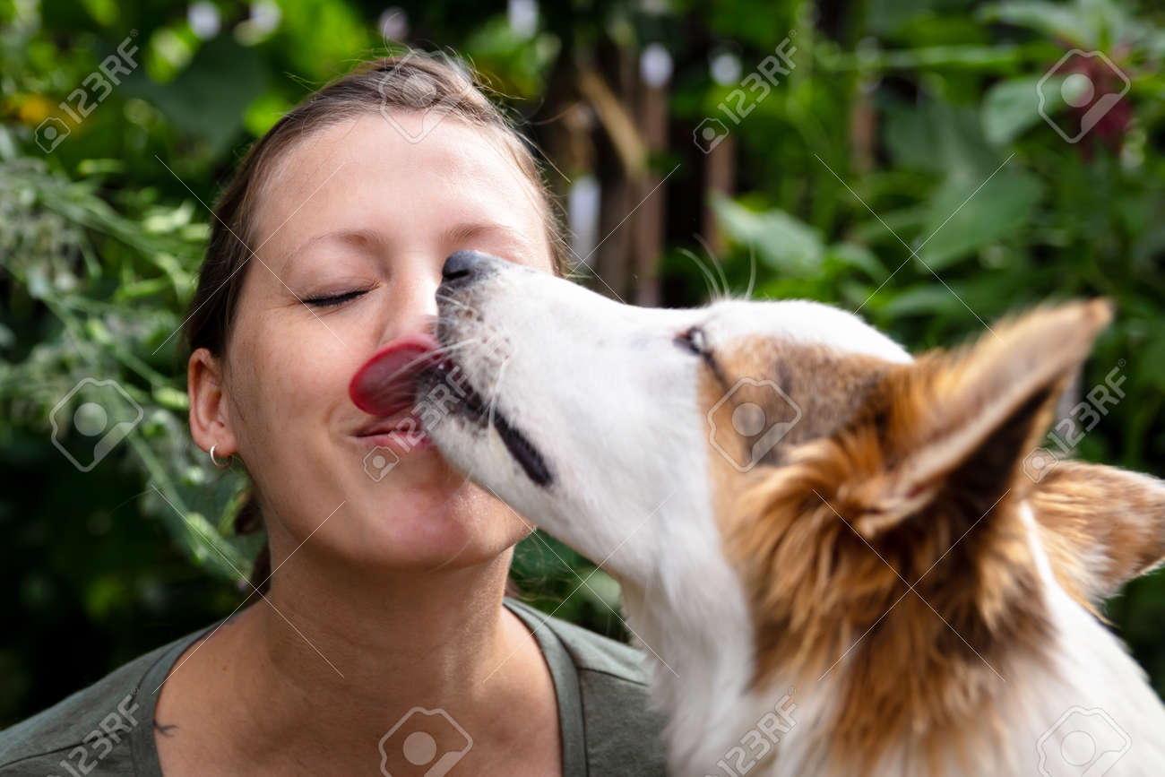 cute puppy dog is licking the face of a pretty young woman, outdoors with green plants in the background - 170379732 cute puppy dog is licking the face of a pretty young woman, outdoors with green plants in the background - 170379732